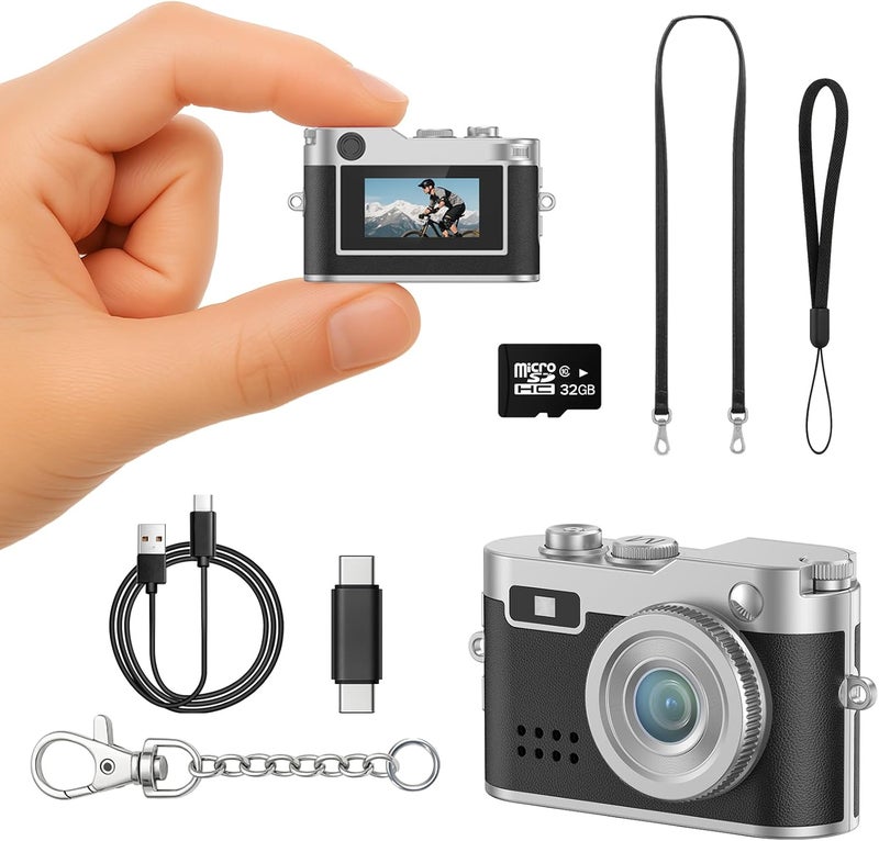Dienspeak Mini Digital Camera, 1080P HD Tiny Retro Keychain Camera with 32GB Card, 0.96" Screen & OTG Adapter, Vintage Compact Micro Pocket Camera for Travel, Concert, Study Recording, Black - Image 1